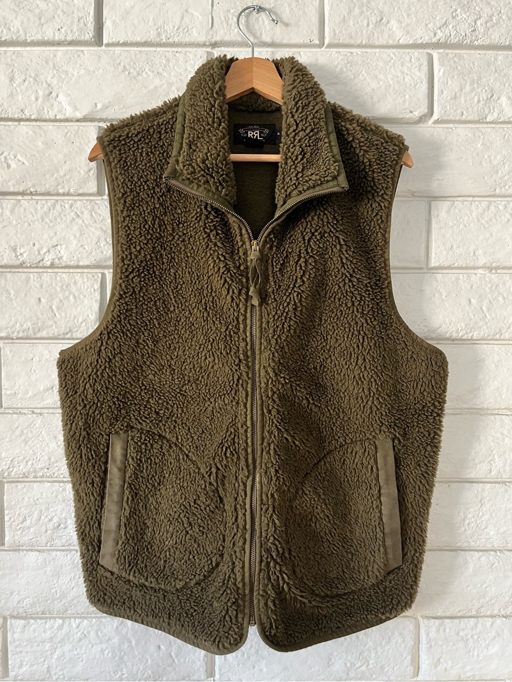 Double RL Wool Blend Plush Fleece Full Zip Vest Olive Adjustable Rear Strap XL